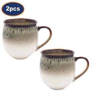 Reactive Glaze Mug 2pcs Cream Ceramic Coffee Cup Beverage Natural Beige Dark Rim - Picture 1 of 2