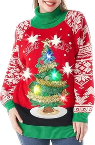 Adult Light Up Ugly Christmas Sweater Dress, Novelty XMAS Long Pullover, Red - Picture 1 of 5