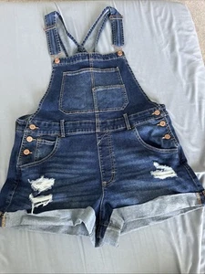 No Boundaries NoBo Junior Size XL (15-17) Bibb Overall Denim Shorts Distressed - Picture 1 of 10