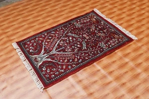 Red Color Area Rug Tree of Life Design rug Hand-Knotted Oriental Silk - Picture 1 of 5