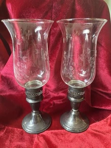 VINTAGE SET OF (2) NEWPORT STERLING SILVER & GLASS CANDLESTICK HURRICANE LAMPS - Picture 1 of 17