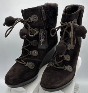 Cole Haan Wedge Ankle Suede Boots Women's Brown Size 8.5 Faux Fur Waterproof NWT - Picture 1 of 8