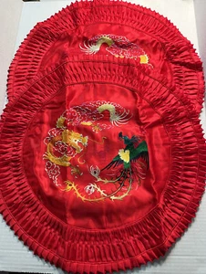 Vintage Embroidered Dragon Phoenix Pillow Sham Covers Cases Red China Pair - Picture 1 of 12