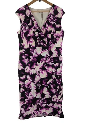 Purple Floral Faux Wrap Dress, Planet Stretch Lined Sleeveless, Shift, Size 14 - Image 1 of 4