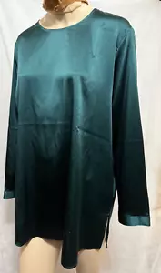 Eileen Fisher Pine Green Stretch Silk Charmeuse Round Neck L/S Top Size XL - Picture 1 of 7