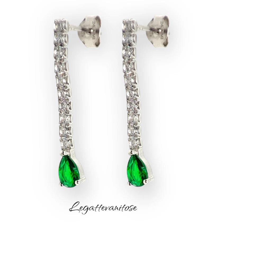 Orecchini Argento 925. orecchini tennis pendenti  2 mm bianchi e verde smeraldo - Immagine 1 di 4