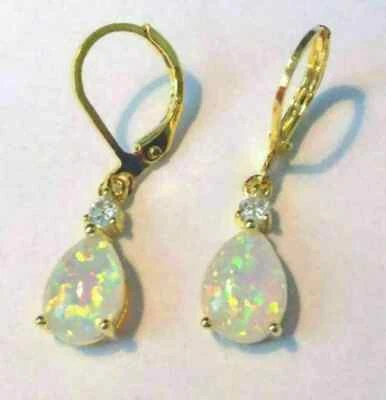 2 KT Taglio a Pera Fuoco Opale & Moissanite Goccia/Orecchini Pendenti 14K Giallo - Immagine 1 di 4