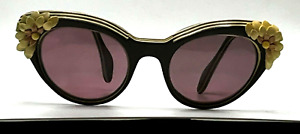 Vintage signed Schiaparelli Carved Lucite w/ Raised Floral Accents Sunglasses