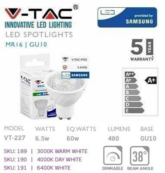V-tac Lampadina LED Gu10 6 5w 4000k Chip Samsung 190