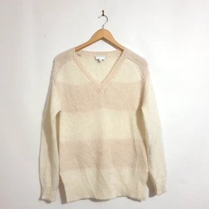 Witchery Jumper Sz S White Pink Striped Long Sleeve V-Neck Knit Top Side Splits - Bild 1 von 7