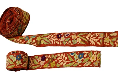 Antique Parsi Gara Sari Kor Border Lace Hand Embroidery Floral Gujarat Surat "16 - Image 1 of 4