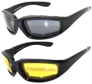 2 PAIR COMBO Padded Sunglasses Motorcycle Riding Glasses 1 Yellow 1 Smoke Lens - Picture 1 of 5