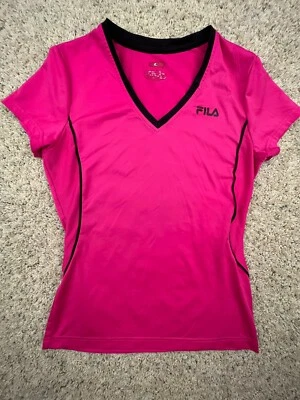 FILA Sport Mujer Pequeña Ejercicio Rosa Top Camisa Elastizada Spandex Borde Negro Foto 1 de 4