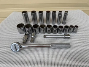 S-K 1/2" Drive 12 Pt SAE Shallow & Deep 401/408 Series Sockets w Ratchet 21 Pcs - Foto 1 di 17