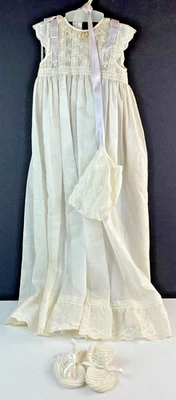Vintage Infant Christening Baptism Gown with Hat & Booties 31" long - Image 1 of 4