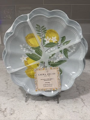 Set 8 LAURA ASHLEY LEMONS Aqua Blue MELAMINE 4 DINNER + 4 SALAD PLATES Plate New - Image 1 of 3