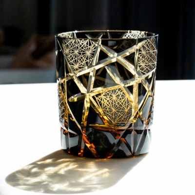 UNMARKED Edo Kiriko Drinking Glass Old Fashioned Crystal Whisky Cup For Bourbon 9oz Black