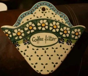 WIZA Polish Pottery GREEN DAISY Ceramic Coffee Filter Holder - Picture 1 of 5