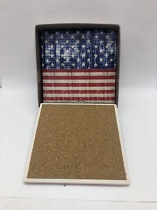 Home Essentials American 4 Cork & Ceramic Flag Coasters New In Box Patriotic - Picture 1 of 3