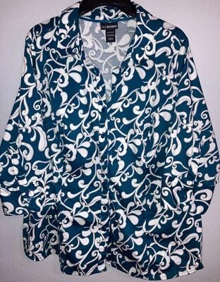 Lane Bryant Green White Tropical Vine 3/4 Sleeve Button Top Blouse Sz 22/24W - Image 1 of 4