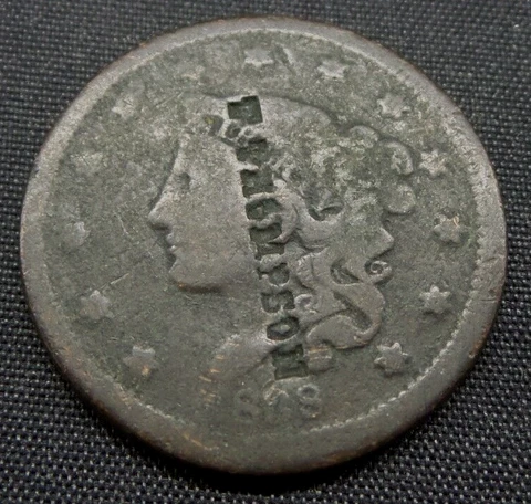 1838 Coronet Head Large One Cent 1c Coin - Counter Stamped - B520 Cover