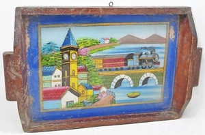 Antique Wooden Glass Serving Tray Original Old Hand Crafted Fine Painted - Picture 1 of 8