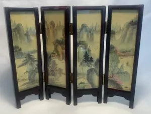 Vintage 7" handbemalte chinesische Seide 4 Panel Klappschirm mit Vogel & Bergszenen - Bild 1 von 8