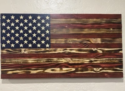 Bandera Americana Madera Tallada a Mano Unión Estrellas 37x19 pulgadas Arte de Pared Acabado Mate Foto 1 de 4