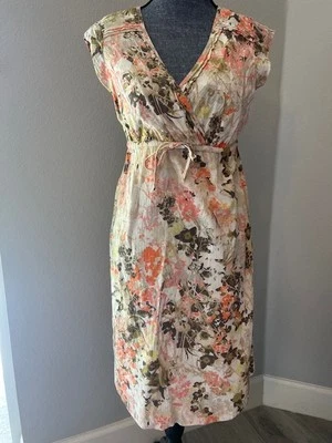 Eddie Bauer Dress Womens 4 Peach Floral Faux Wrap Midi Lined Cap Sleeve Summer - Image 1 of 4