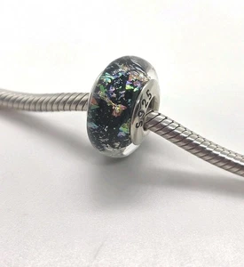🩷 Black Gold Foil Glitter Murano Glass Bead Charm Genuine S925 Silver🩷 - Picture 1 of 6