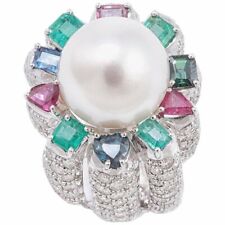 Australian Pearl (13MM) Sapphires, Rubies & Emeralds 3.20CT With 6.70CT CZ Ring