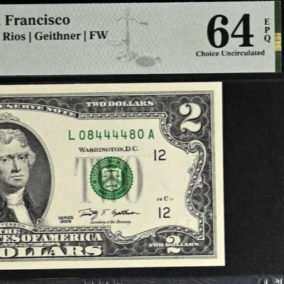 2009 $2 Federal Reserve Note PMG 64EPQ - Fancy Radar Serial Number 08444480 - Image 1 of 3