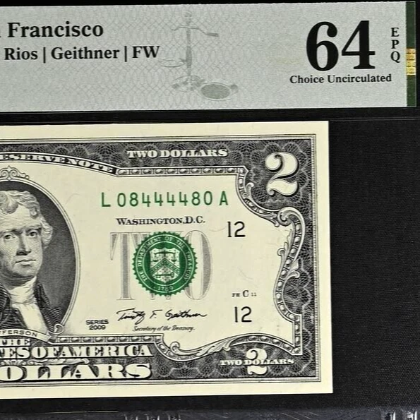 2009 $2 Federal Reserve Note PMG 64EPQ - Fancy Radar Serial Number 08444480 - Image 1 of 3