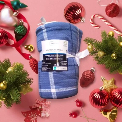 Manta Sherpa Mainstays azul a cuadros tejido gofre Foto 1 de 2