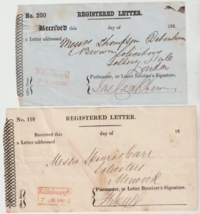1850/5 2 DIFF EDIMBURGO RICEVUTE LETTERA RACCOMANDATA SCATOLA ROSSA EDIMBURGO TIMBRO DATI - Foto 1 di 2