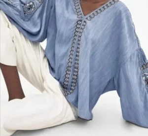 ZARA TRF Boho Chambray Top Blue Folklore Embroidered Long Sleeve Shirt SMALL - Picture 1 of 9