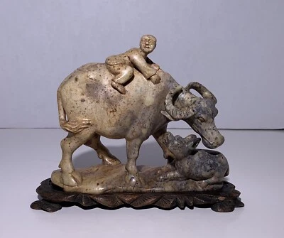 QING PIEDRA DE JABÓN CHINA TALLA NIÑO BÚFALO DE AGUA ESTATUA MADERA TALLADA SOPORTE FIRMADO Foto 1 de 4