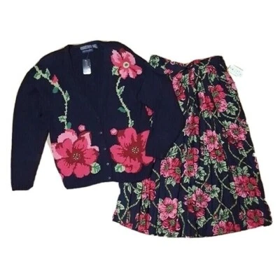 NUEVO CON ETIQUETAS De Colección Herman Geist Falda Traje Suéter Conjunto Azul Rosa Floral Vestido Chaqueta Grande Foto 1 de 4