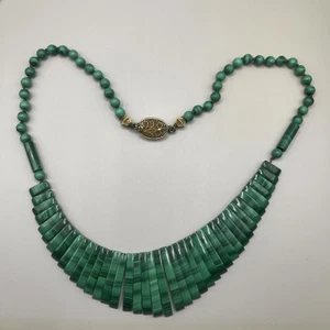 Vintage Chinese Malachite Bead Necklace Export Sterling Silver Clasp Dangle - Picture 1 of 9