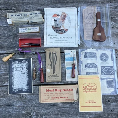 9 Vintage Hook Rug Needles + Booklets ~ Metal Wood ~ Tru-Gyde Bluenose Columbia - Image 1 of 4