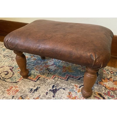 Vintage Maple Wood & Brown Vinyl Upholstered Footstool Carved Legs Dark Academia - Image 1 of 4