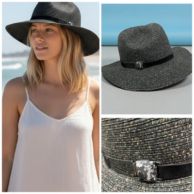 De colección Negro Gris Tejido Paja Fedora Sol Sombrero Banda Cuero Ajustable OSFM Foto 1 de 4