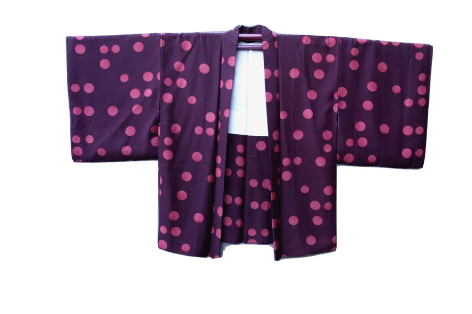 VGT 日本 100% 真丝栗色紫色粉红色波点外套 Mid Kimono Haori S/M — 第 1/4 张图片
