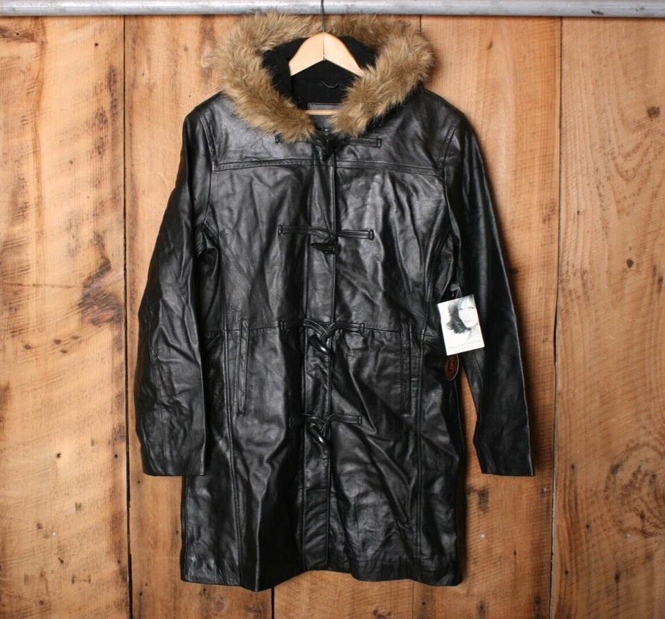 JACLYN SMITH Black Lambskin Leather Fleece Lined Toggle Button Hooded Coat Sz. M Foto 1 de 4