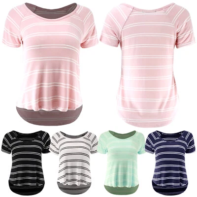 Women's Short Sleeve Stripe Summer Lightweight Crop Top Junior Size XS S M L - Image 1 of 2