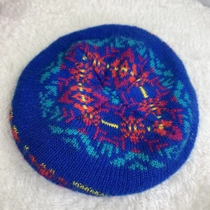 Vintage 90s Nordic Round Baret Knit Hat Blue Knitted Southwest Novelty Fair Isle - Bild 1 von 5
