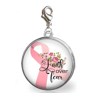Pink Ribbon Faith Over Fear Clip On Charm Cancer Support Awareness Photo Jewelry - Picture 1 of 1
