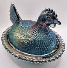 Vintage Indiana Glass Iridescent Carnival Blue Hen on Nest Covered Candy Dish 7