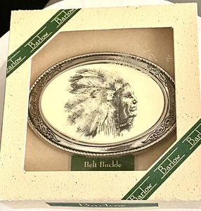 Vintage NIB 80’s Barlow Artistic Native American Chief Belt Buckle 1.75 In Belt - Picture 1 of 7
