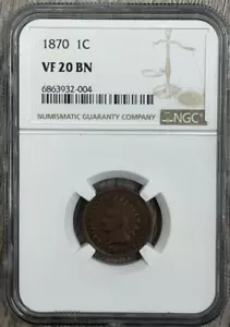 1870 Indian Head Cent, NGC VF 20, Bronze Cent, Semi-Key Date - Picture 1 of 5